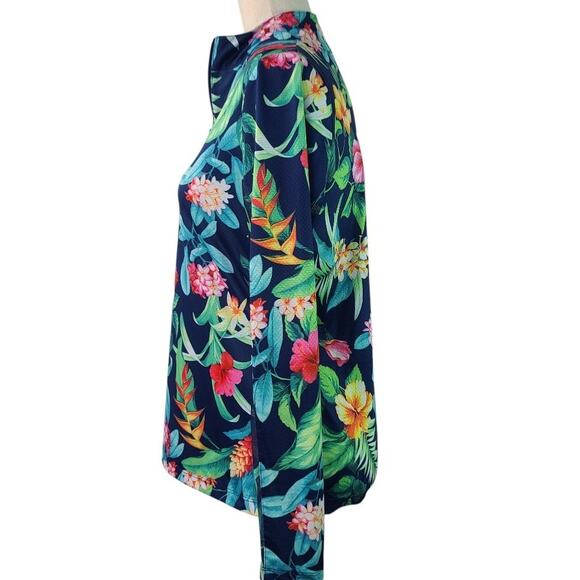 Gottex Blue Green Pink Floral Activewear Sun Shirt Mock Neck 1/2 Zip Shirt Top S - Picture 2 of 4